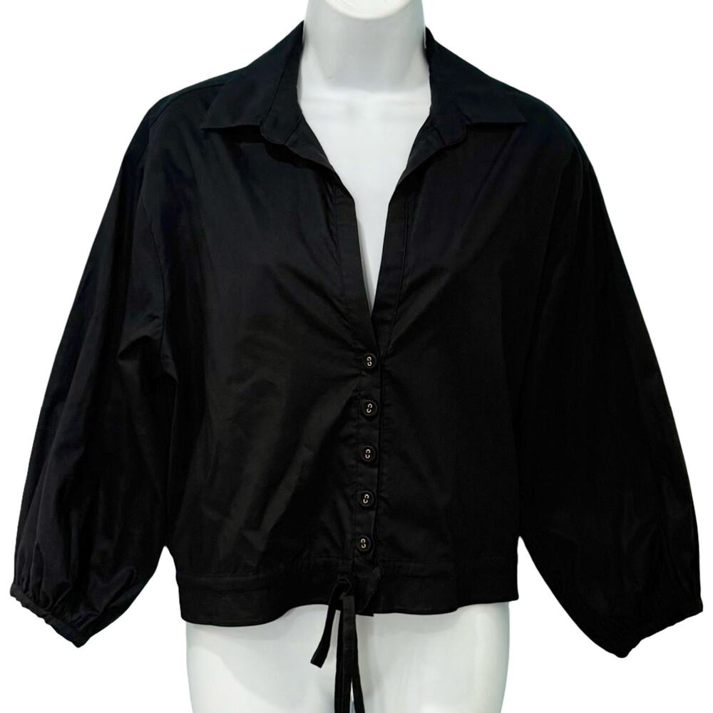 Cara Cara Black Cropped Collared Button Down Hutton Half Sleeve Top size XS